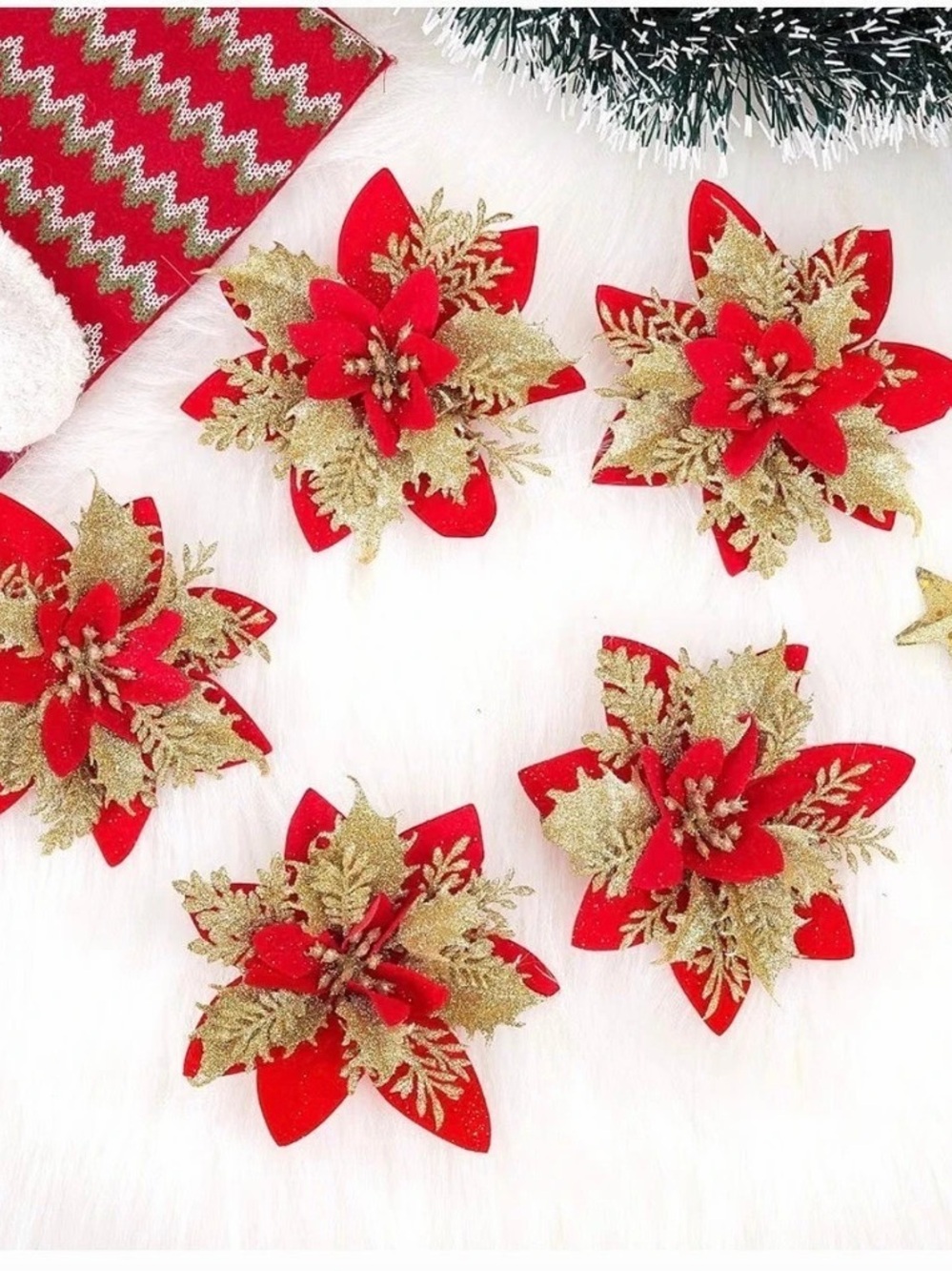 (25) NWT 15Pcs Christmas Poinsettia Flowers and Stems Red & Gold